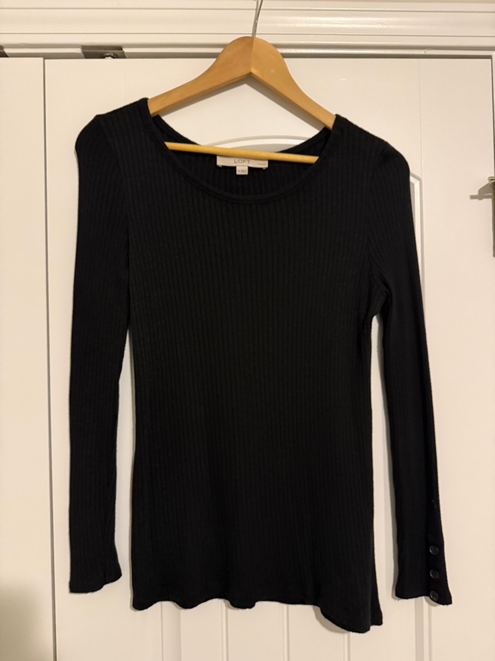 LOFT Black Ribbed Scoop-Neck Long-Sleeve Top with Button Cuffs